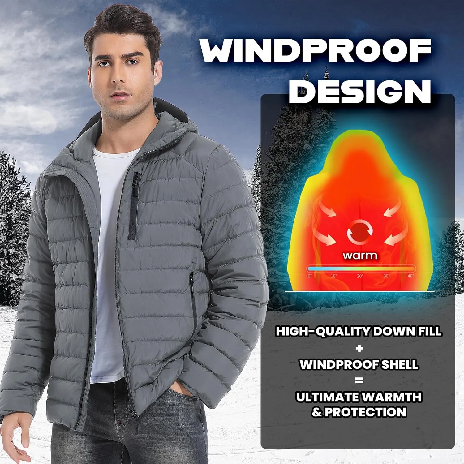 Men's Lightweight Packable Down Jacket Water-Resistant Winter Puffer Jackets with Hood