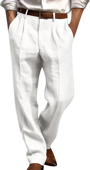Mens Linen Pants Casual Loose Fit Straight Leg Trousers Lightweight Comfy Pants with Pockets Relaxed Work Suit Pants