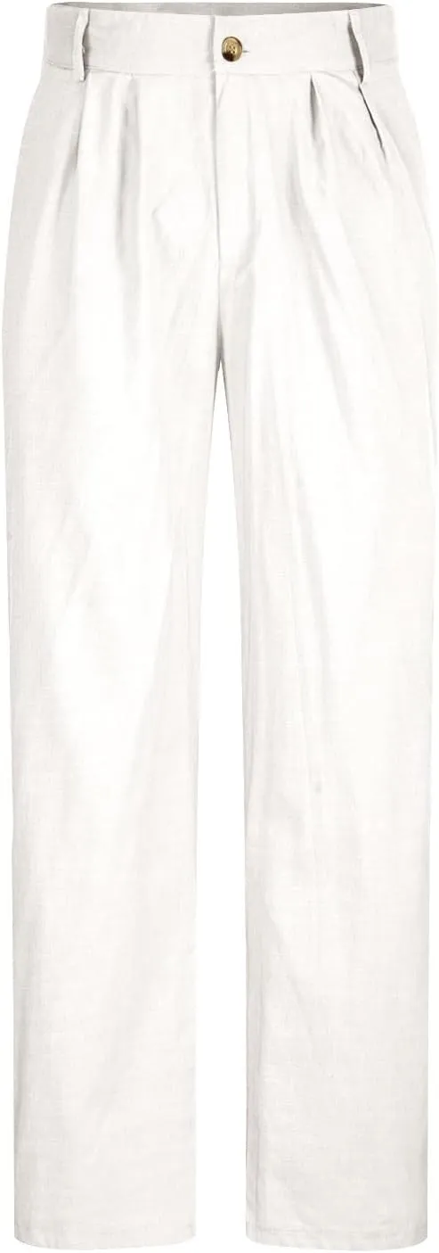 Mens Linen Pants Casual Loose Fit Straight Leg Trousers Lightweight Comfy Pants with Pockets Relaxed Work Suit Pants
