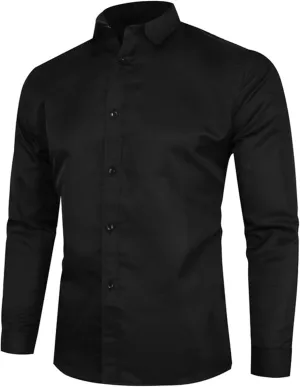 Men's Long Sleeve Dress Shirt Plaid Collar Casual Button Down Shirts Solid Business Formal Slim Fit Shirt