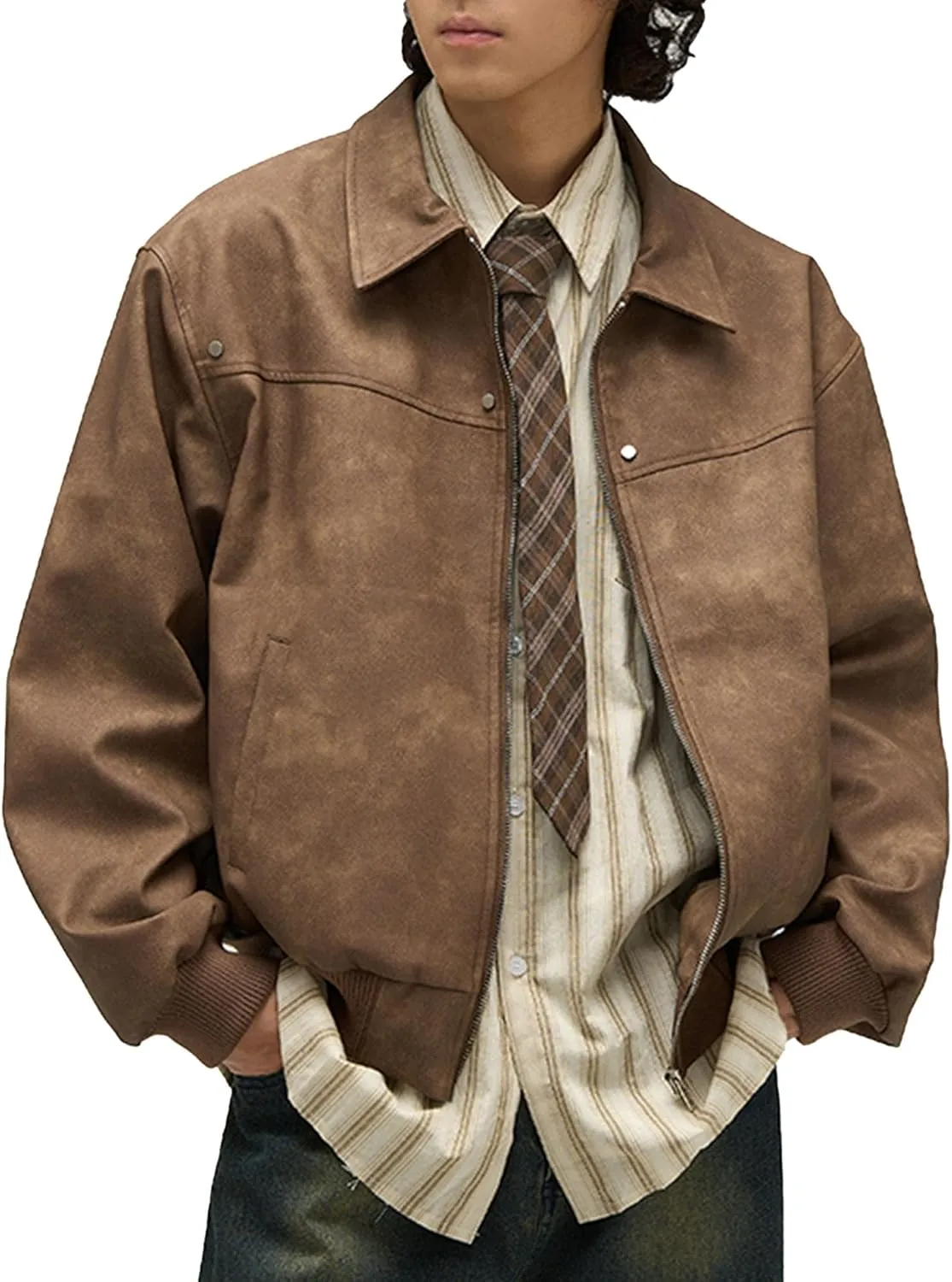 Men's Loose Leather Jacket Zip-Up Motorcycle Bomber Jackets Classic Causal PU Leather Coats