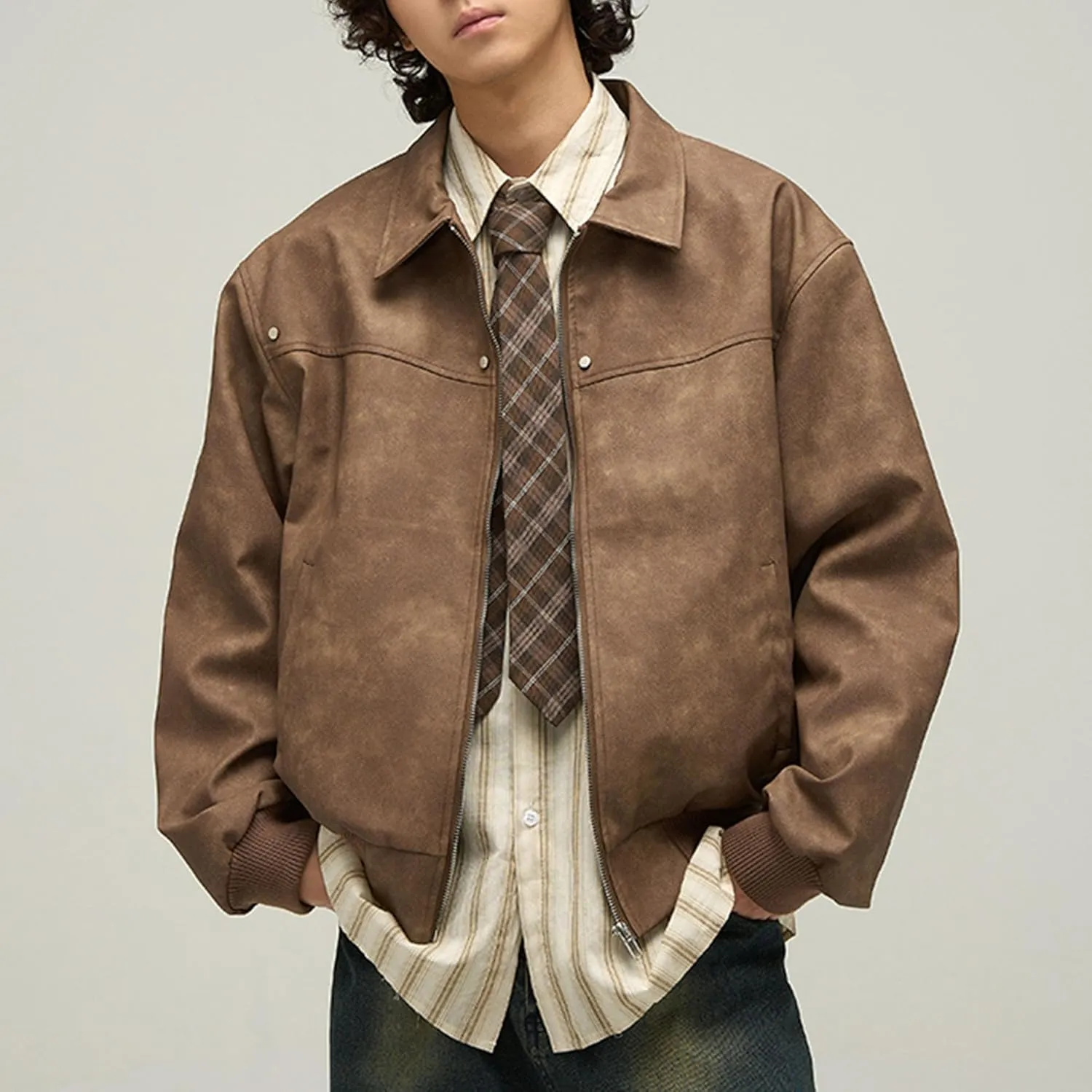 Men's Loose Leather Jacket Zip-Up Motorcycle Bomber Jackets Classic Causal PU Leather Coats