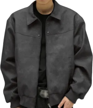Men's Loose Leather Jacket Zip-Up Motorcycle Bomber Jackets Classic Causal PU Leather Coats