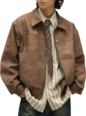 Men's Loose Leather Jacket Zip-Up Motorcycle Bomber Jackets Classic Causal PU Leather Coats