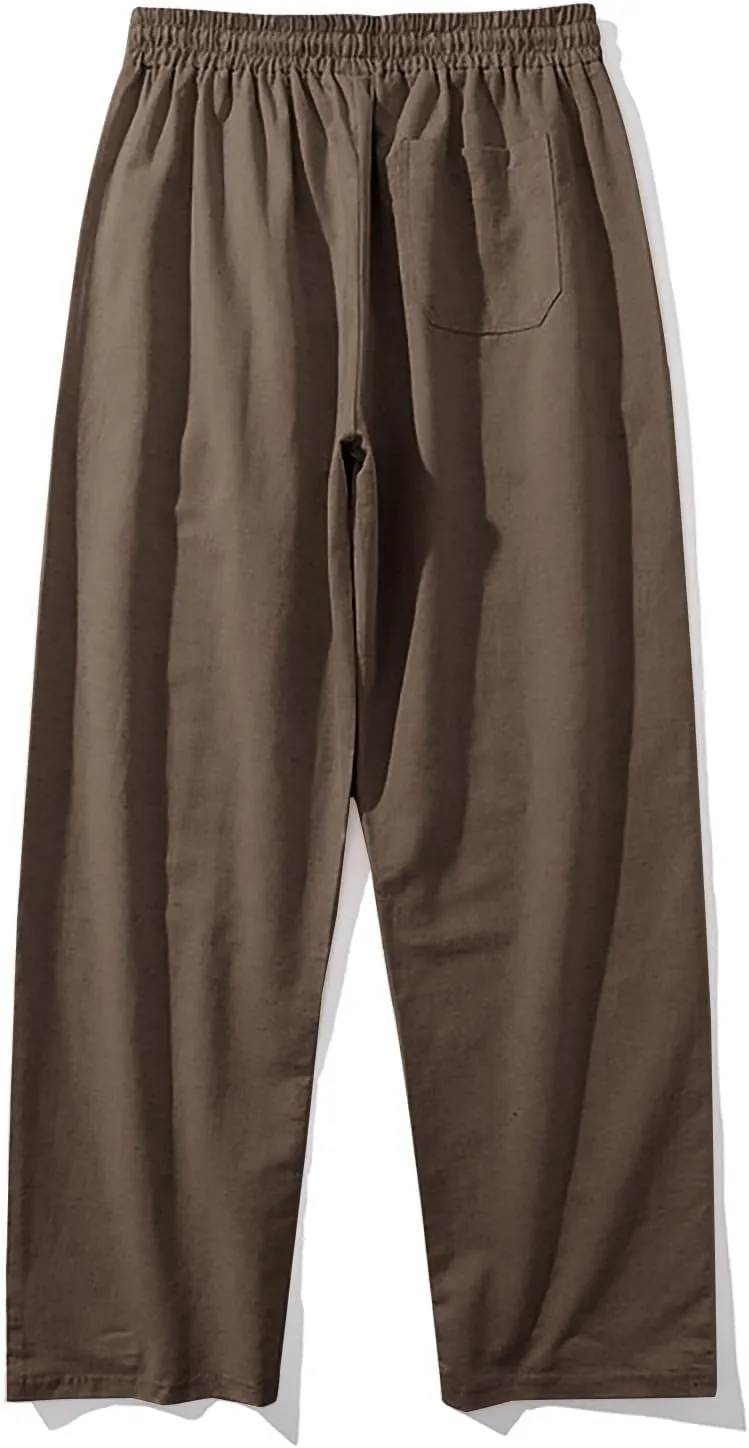 Mens Lounge Pants Cotton Linen Classic Solid Color Relaxed Straight Leg Casual Pants Wide-Legged Workout Pants