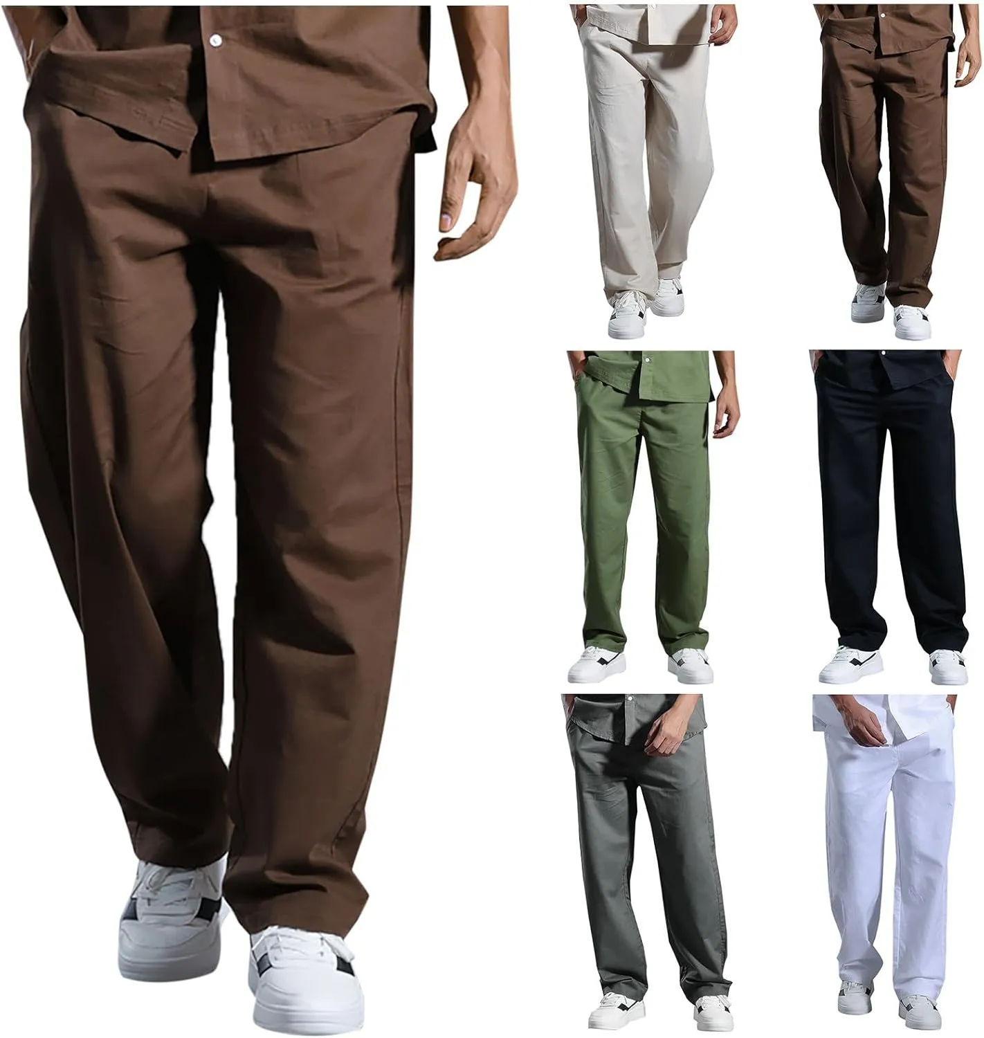 Mens Lounge Pants Cotton Linen Classic Solid Color Relaxed Straight Leg Casual Pants Wide-Legged Workout Pants