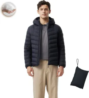 Men's Packable Down Jacket Lightweight Winter Windproof Puffer Jacket Hooded Warm Outdoor Down Coats for Travel