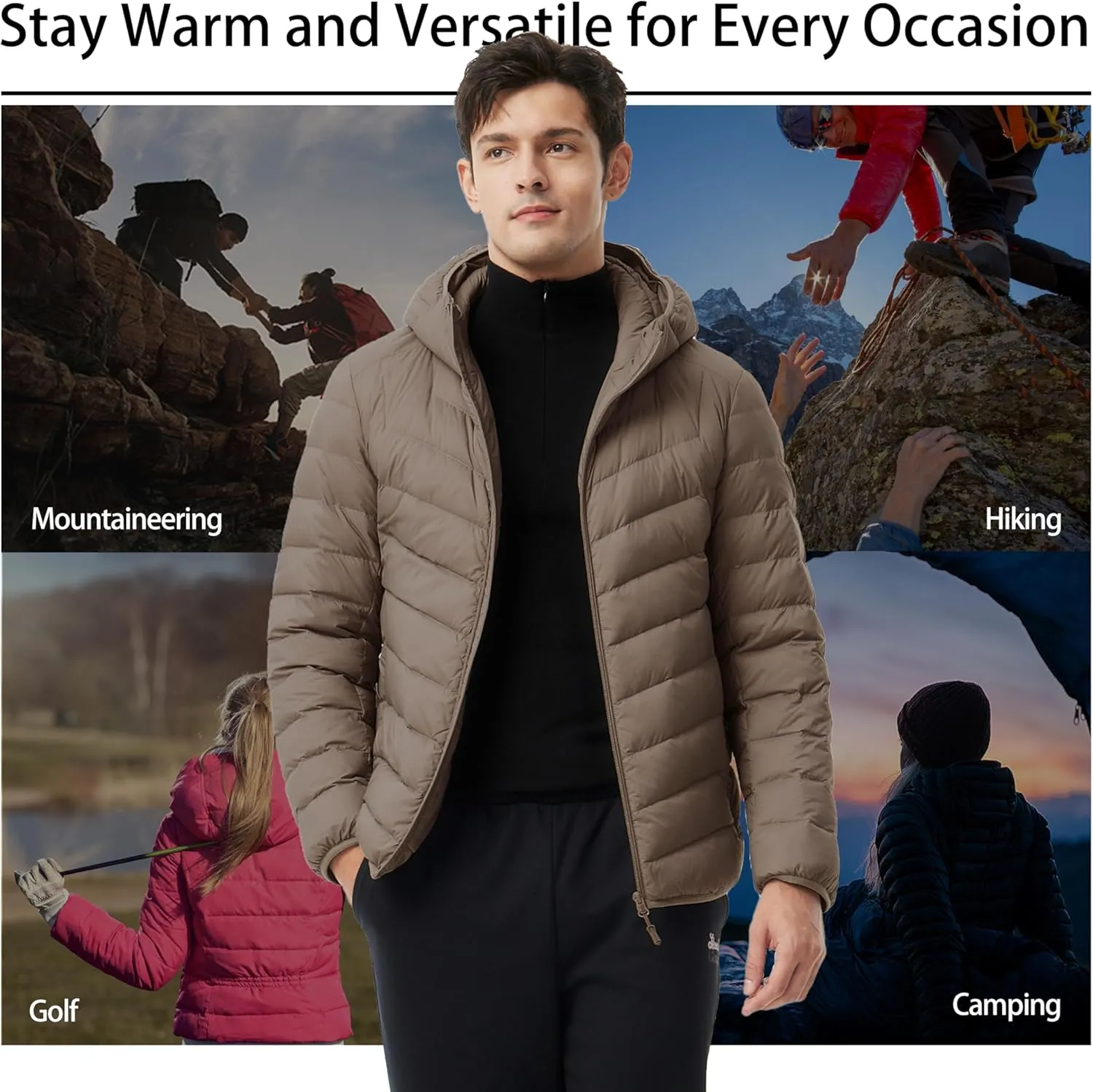 Men's Packable Down Jacket Lightweight Winter Windproof Puffer Jacket Hooded Warm Outdoor Down Coats for Travel