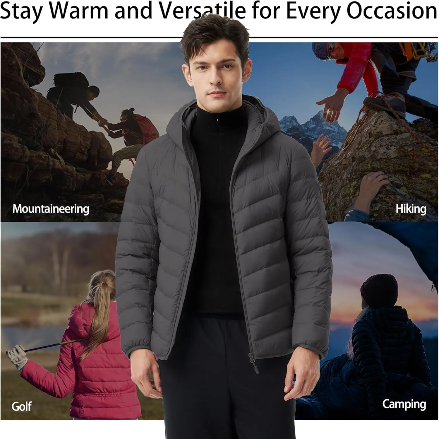 Men's Packable Down Jacket Lightweight Winter Windproof Puffer Jacket Hooded Warm Outdoor Down Coats for Travel