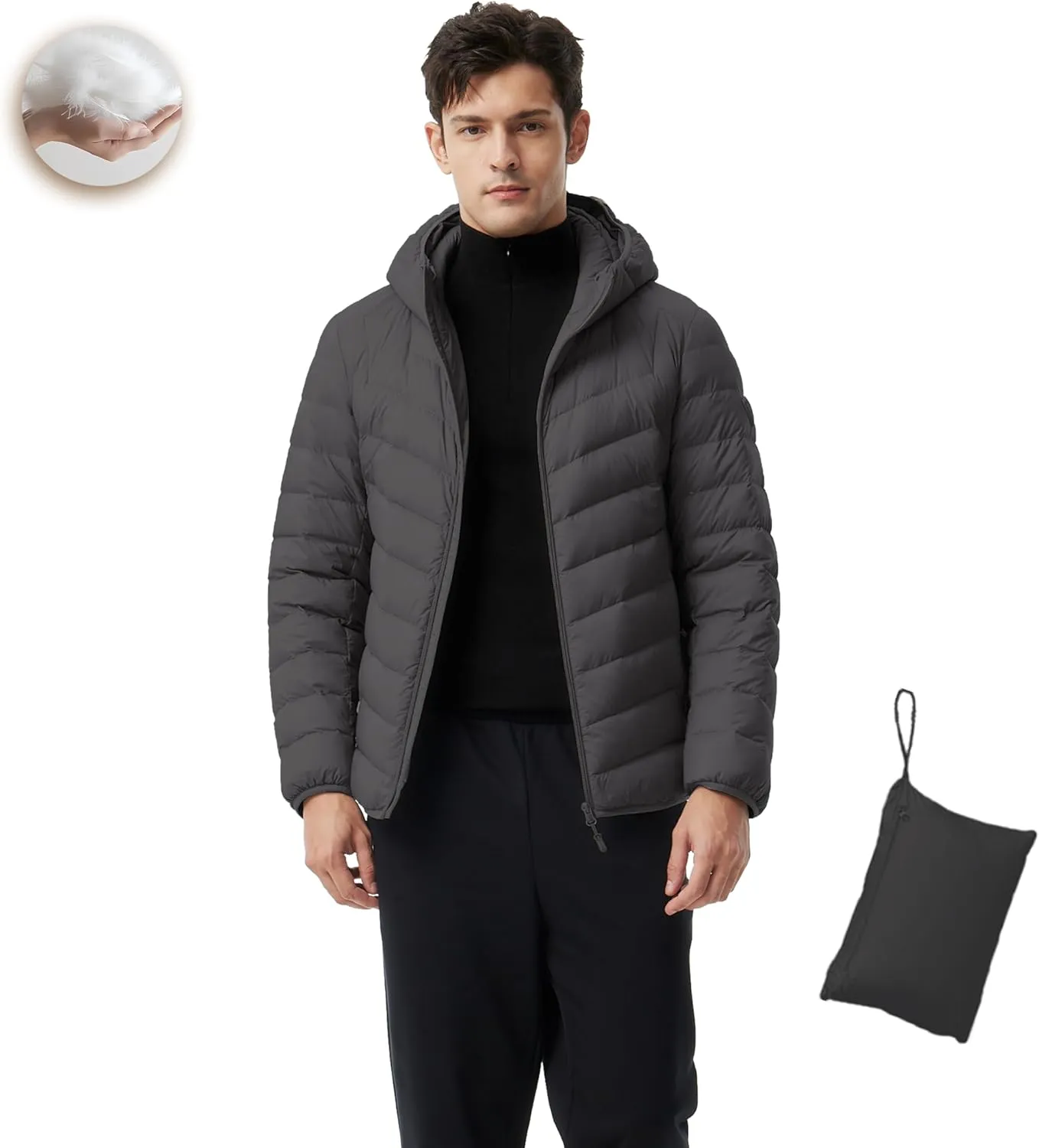 Men's Packable Down Jacket Lightweight Winter Windproof Puffer Jacket Hooded Warm Outdoor Down Coats for Travel