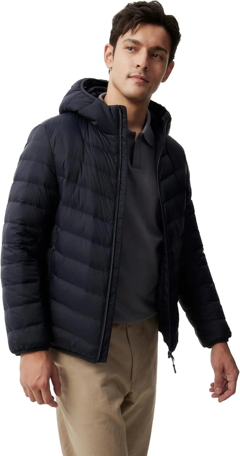 Men's Packable Down Jacket Lightweight Winter Windproof Puffer Jacket Hooded Warm Outdoor Down Coats for Travel