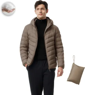 Men's Packable Down Jacket Lightweight Winter Windproof Puffer Jacket Hooded Warm Outdoor Down Coats for Travel