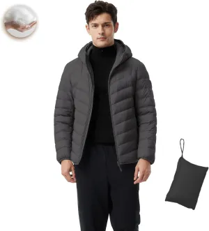 Men's Packable Down Jacket Lightweight Winter Windproof Puffer Jacket Hooded Warm Outdoor Down Coats for Travel