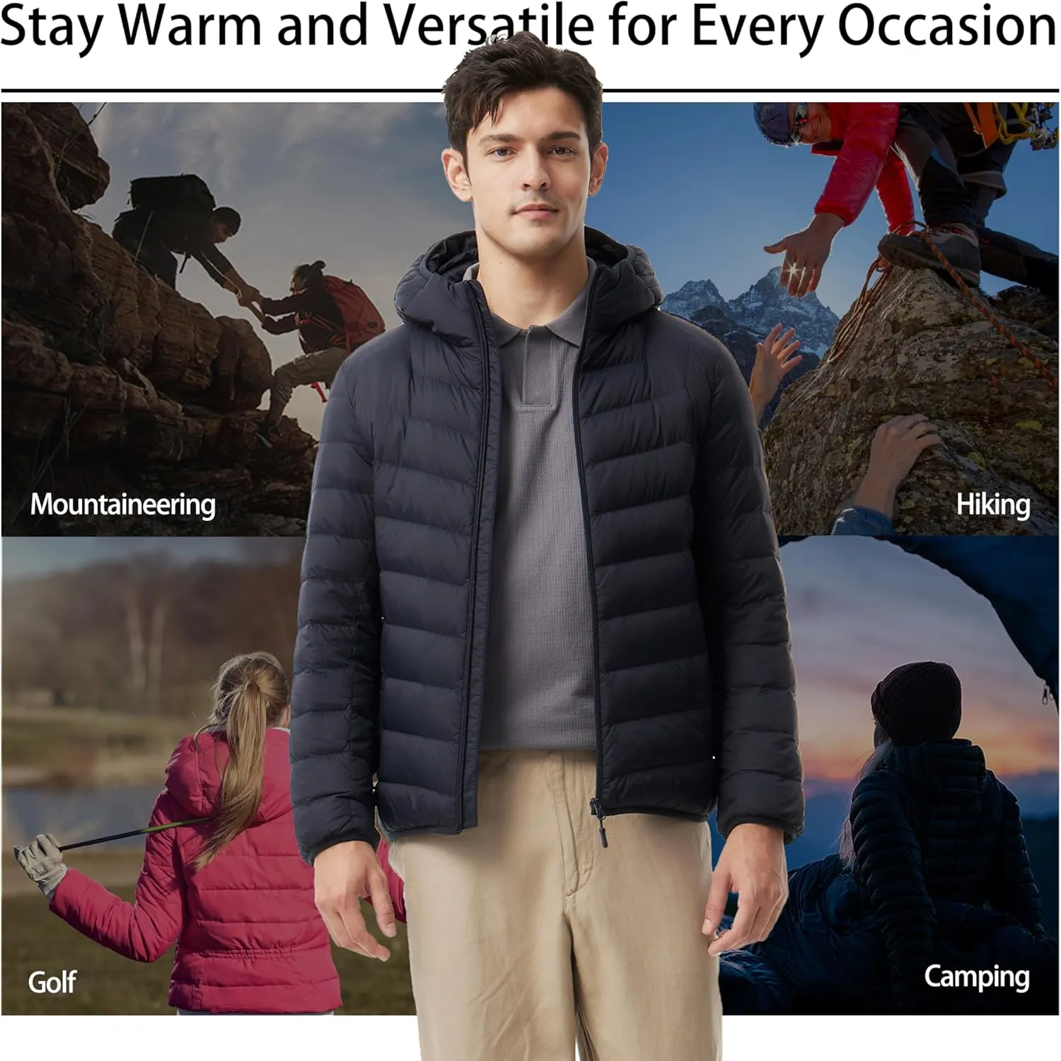 Men's Packable Down Jacket Lightweight Winter Windproof Puffer Jacket Hooded Warm Outdoor Down Coats for Travel