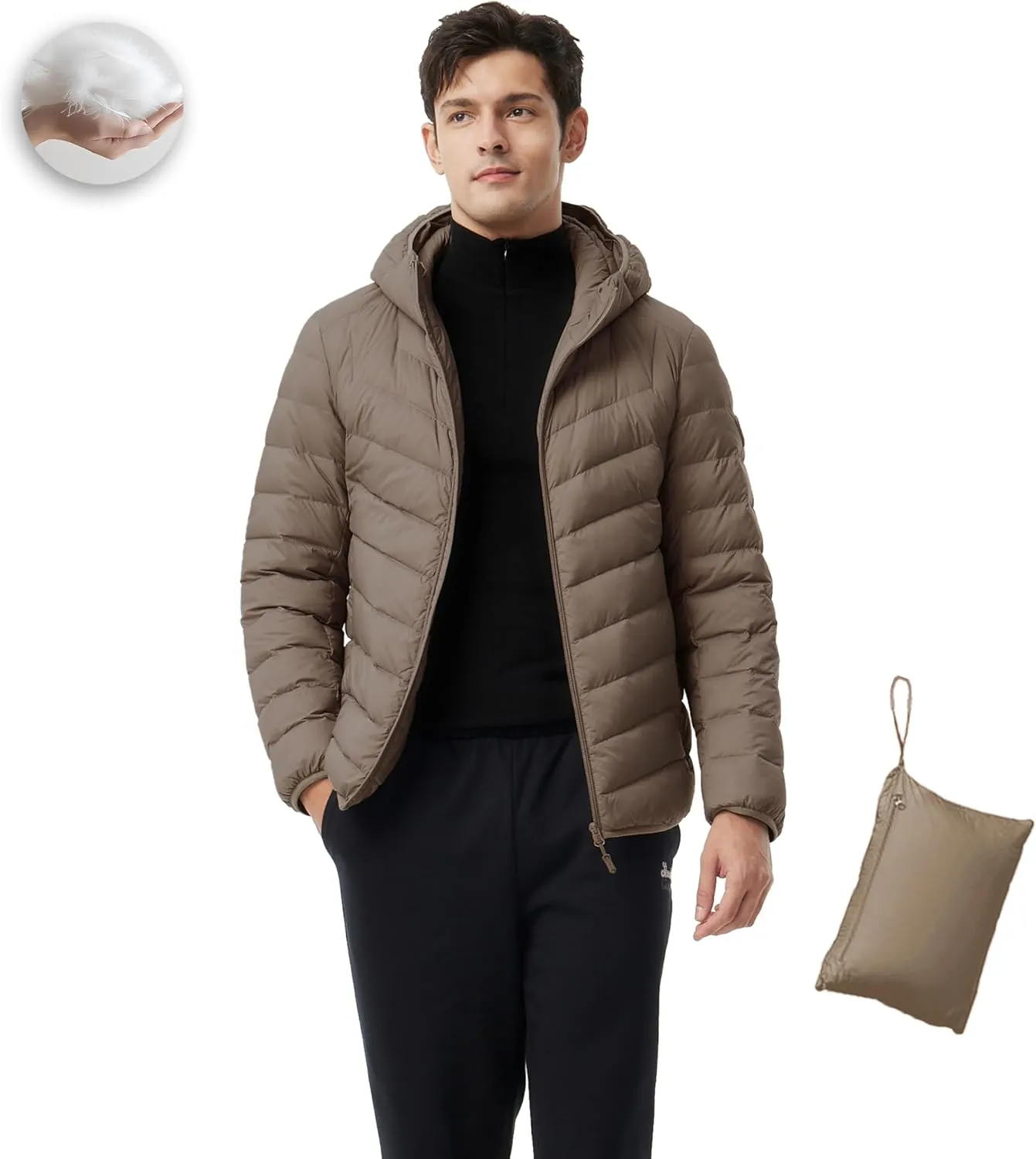 Men's Packable Down Jacket Lightweight Winter Windproof Puffer Jacket Hooded Warm Outdoor Down Coats for Travel