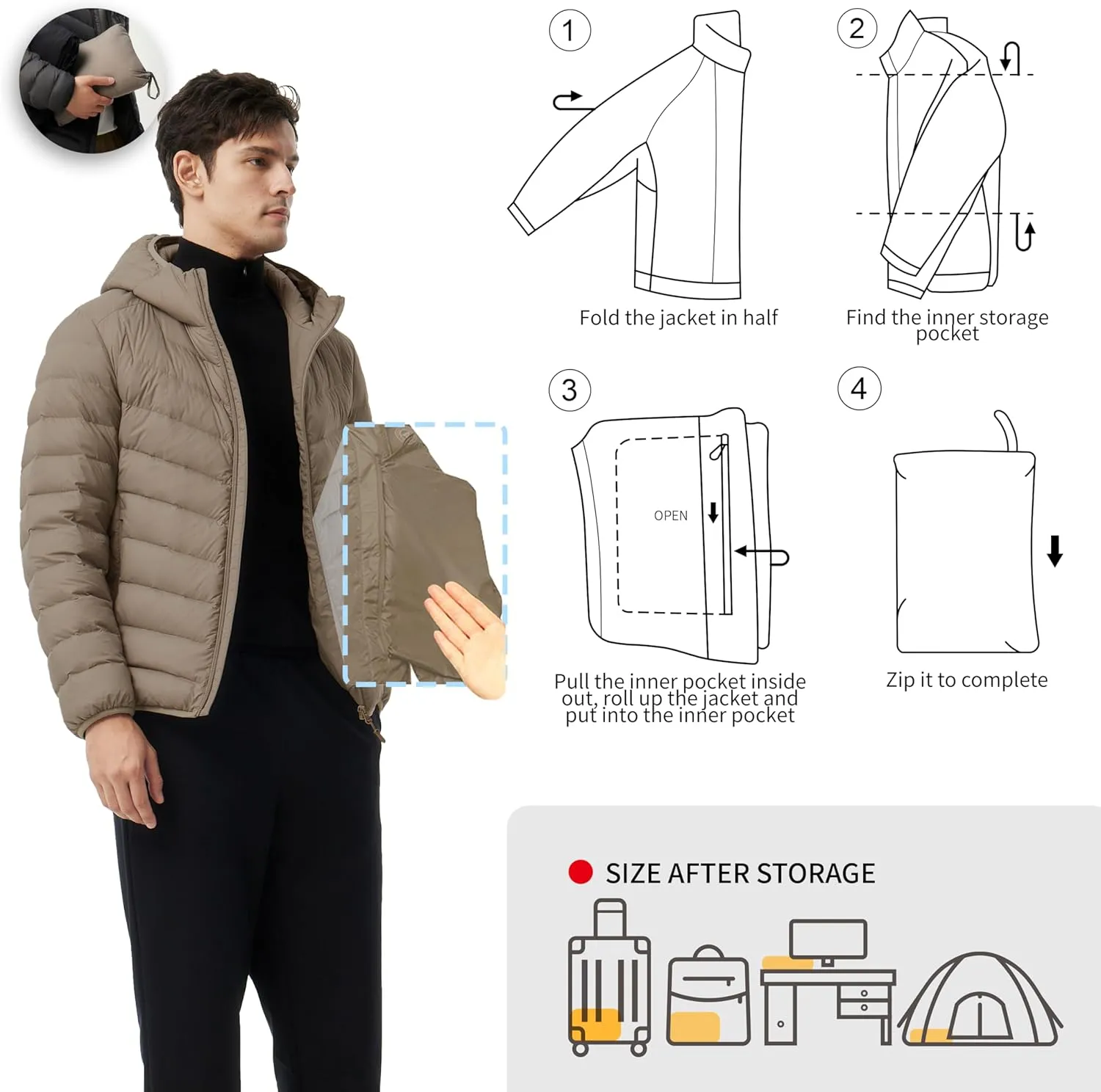 Men's Packable Down Jacket Lightweight Winter Windproof Puffer Jacket Hooded Warm Outdoor Down Coats for Travel