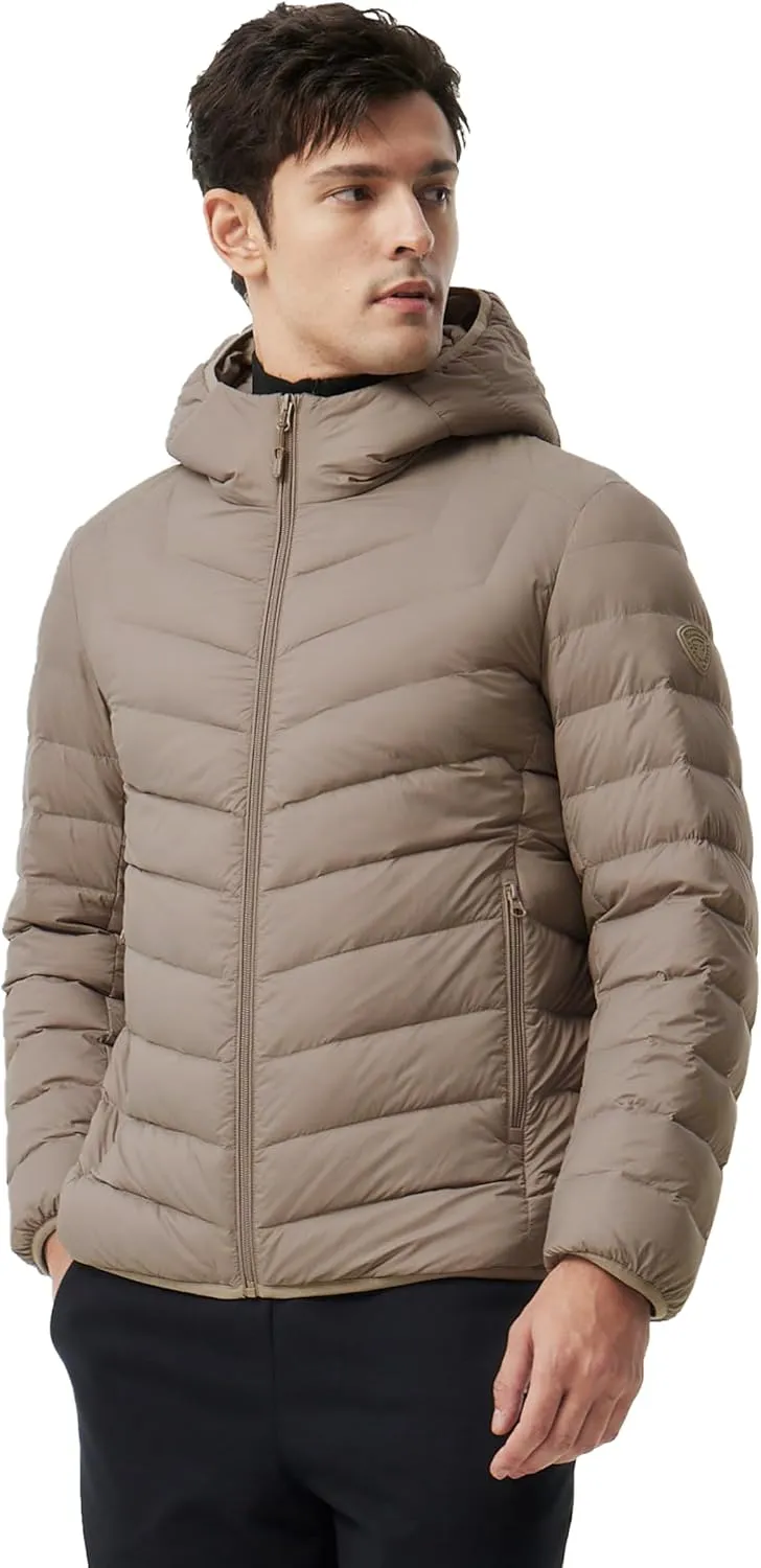 Men's Packable Down Jacket Lightweight Winter Windproof Puffer Jacket Hooded Warm Outdoor Down Coats for Travel