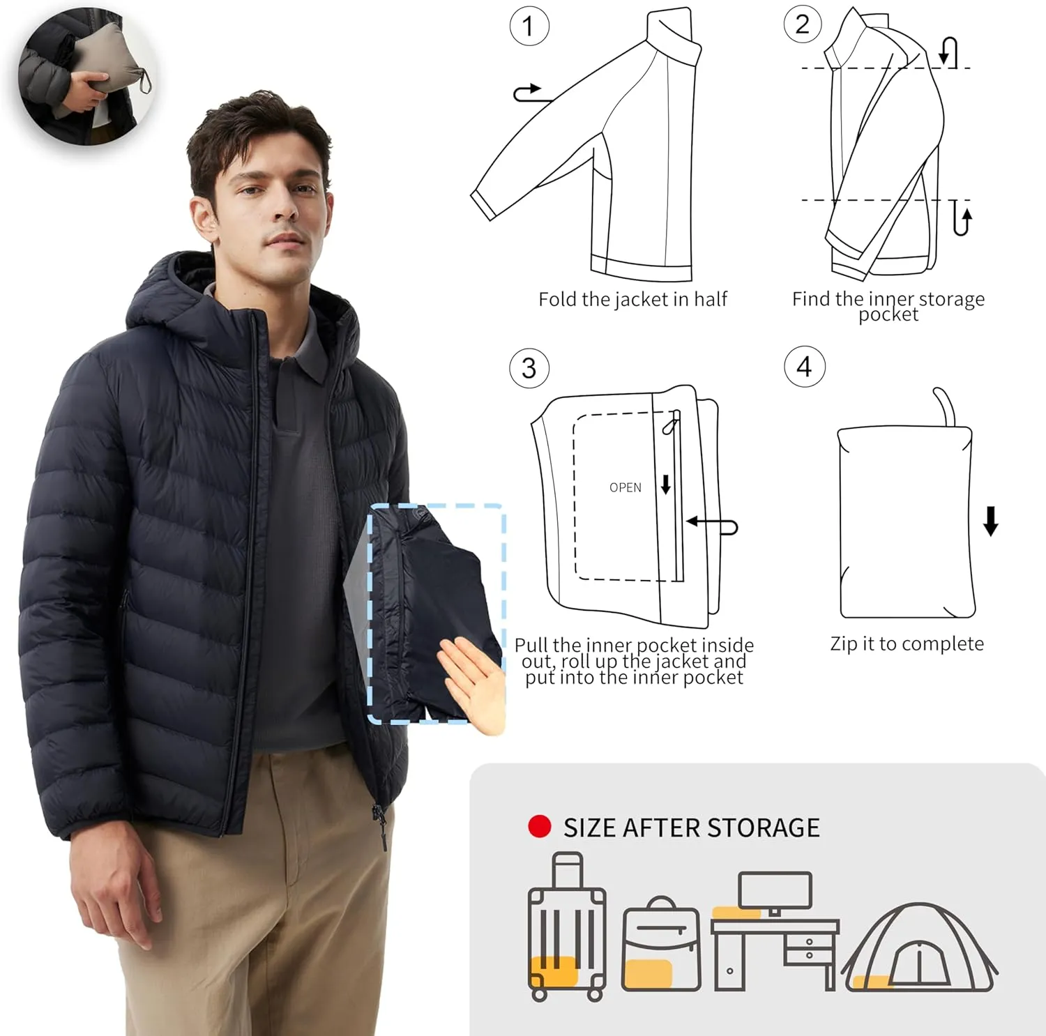 Men's Packable Down Jacket Lightweight Winter Windproof Puffer Jacket Hooded Warm Outdoor Down Coats for Travel