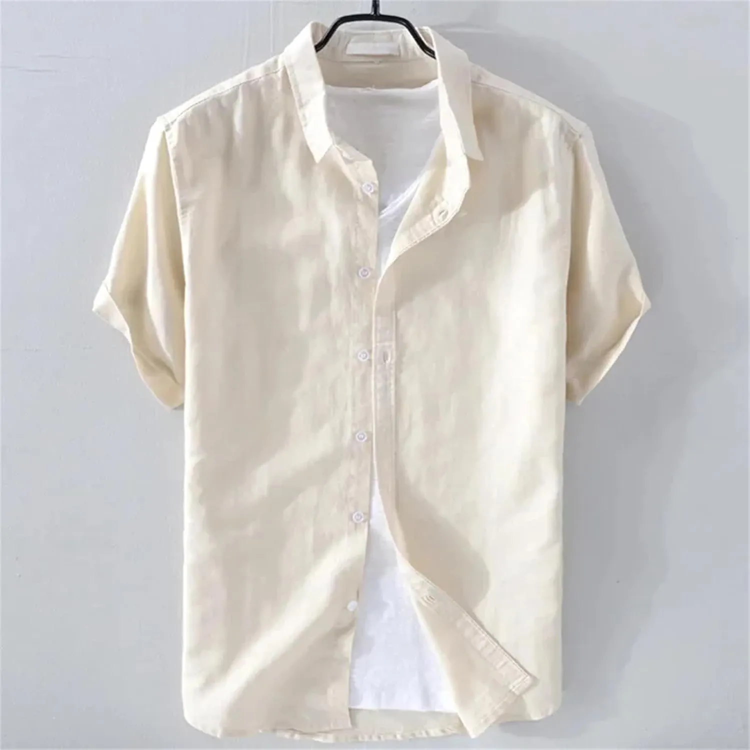 Mens Pure Linen Short Sleeve Shirt for Men Casual Half Sleeve Cotton Linen Fabric White Color Men's Wear Top