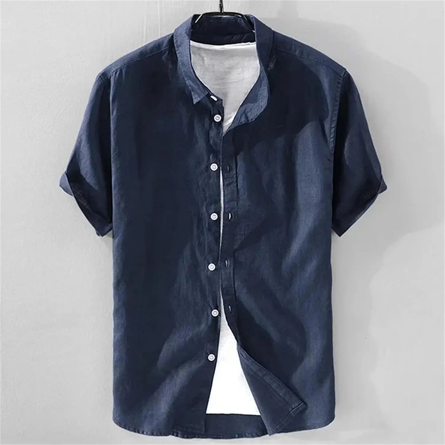 Mens Pure Linen Short Sleeve Shirt for Men Casual Half Sleeve Cotton Linen Fabric White Color Men's Wear Top