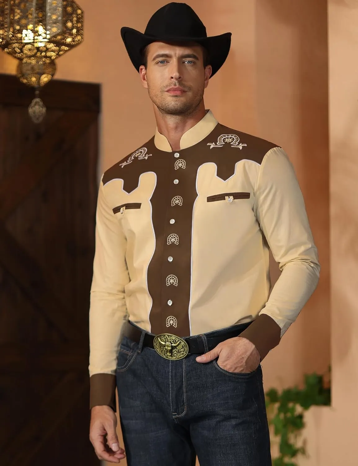 Men's Western Cowboy Shirt Banded Collar Embroidered Casual Long Sleeve Button Down Cotton Shirts
