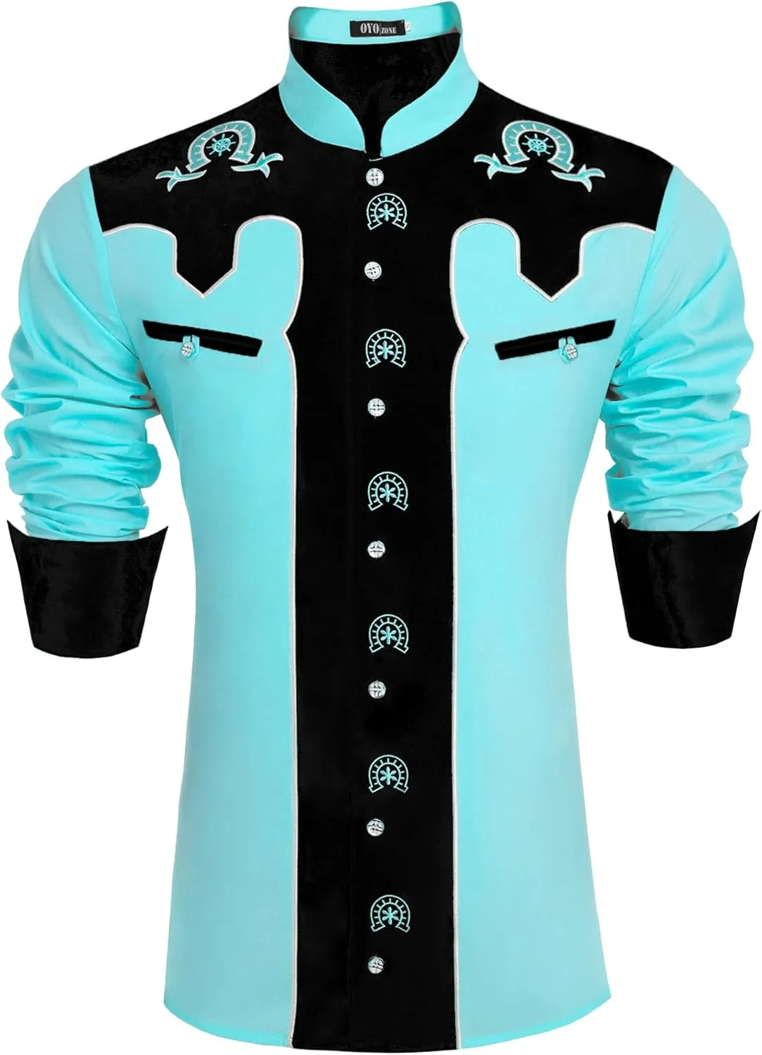 Men's Western Cowboy Shirt Banded Collar Embroidered Casual Long Sleeve Button Down Cotton Shirts