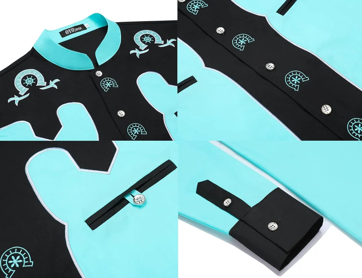 Men's Western Cowboy Shirt Banded Collar Embroidered Casual Long Sleeve Button Down Cotton Shirts