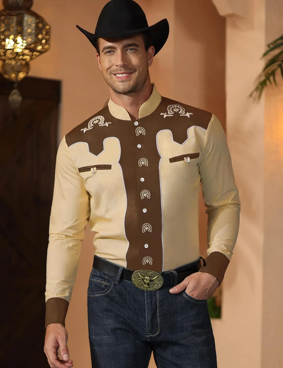 Men's Western Cowboy Shirt Banded Collar Embroidered Casual Long Sleeve Button Down Cotton Shirts