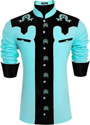 Men's Western Cowboy Shirt Banded Collar Embroidered Casual Long Sleeve Button Down Cotton Shirts