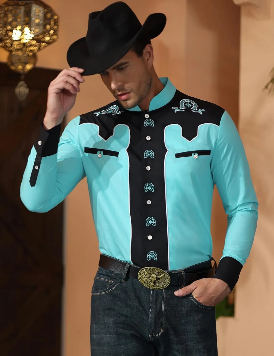 Men's Western Cowboy Shirt Banded Collar Embroidered Casual Long Sleeve Button Down Cotton Shirts