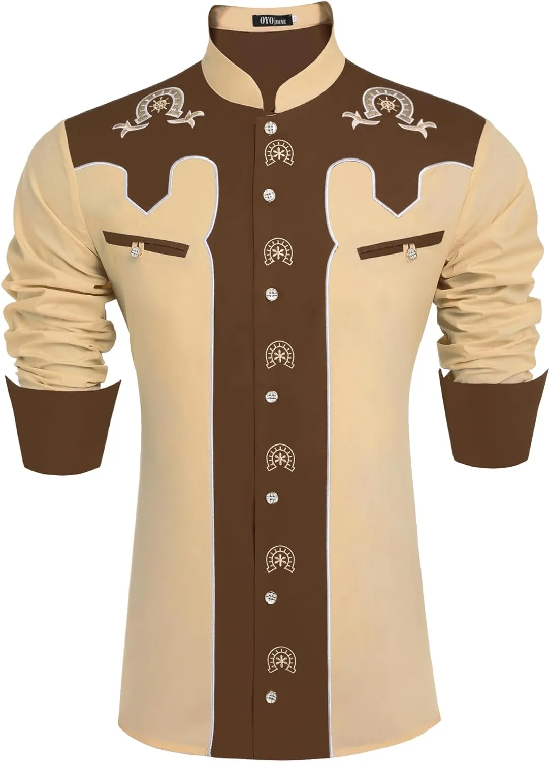 Men's Western Cowboy Shirt Banded Collar Embroidered Casual Long Sleeve Button Down Cotton Shirts
