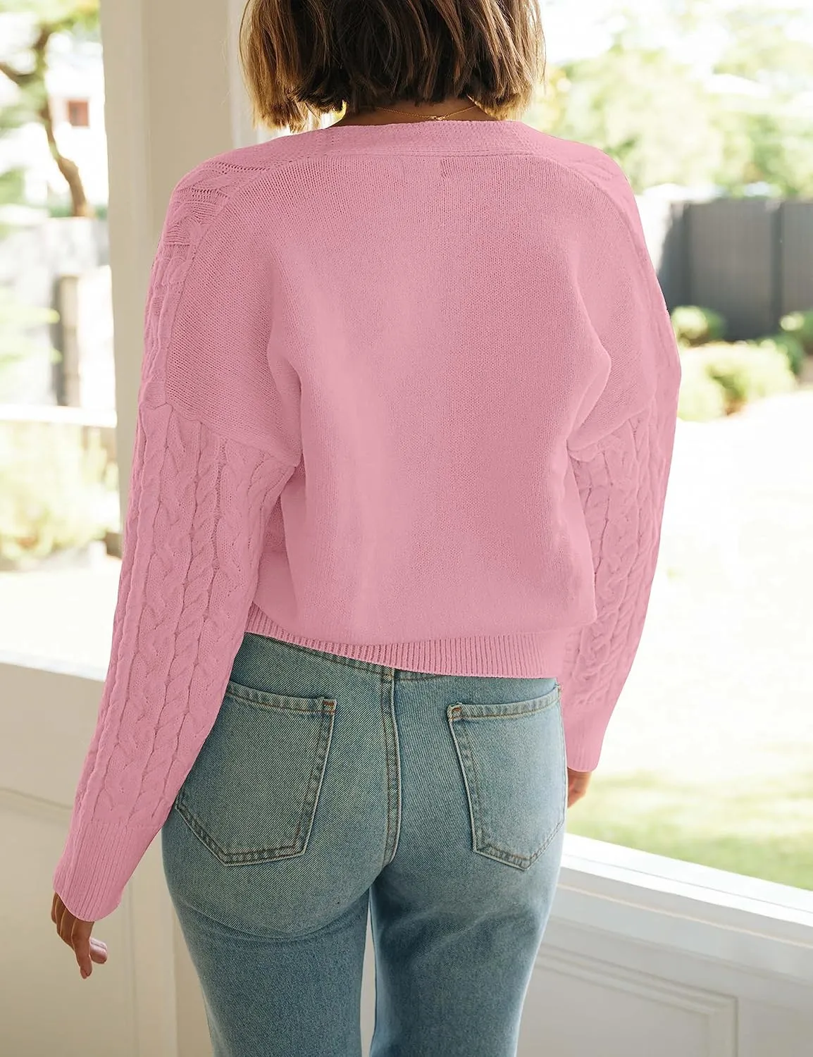 MEROKEETY Women's Long Sleeve Open Front Cable Knit Crop Cardigans V Neck Button Sweaters with Pockets