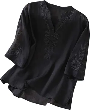 Mexican Tops for Women Vacation Summer Embroidered Blouses V Neck Button Down T-Shirt Short Sleeve Shirt