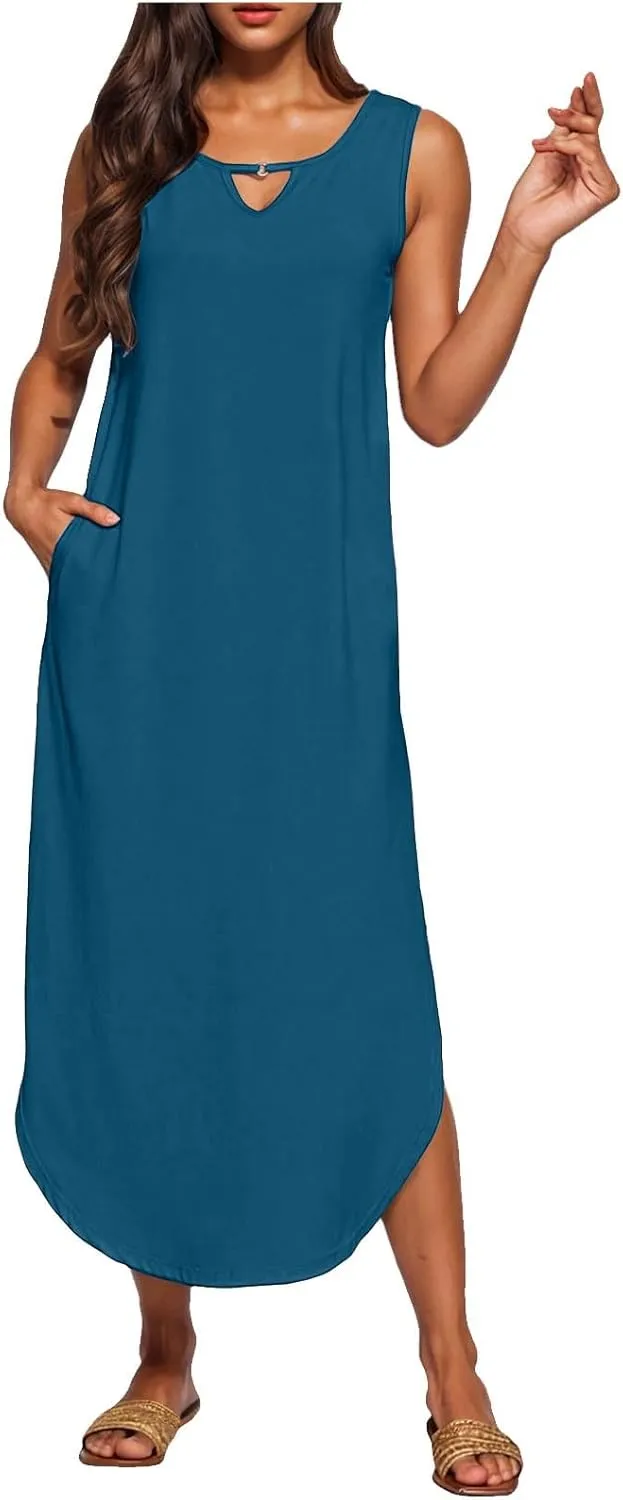 Midi Dresses for Women 2025 Boho V Neck Sleeveless Tank Sundresses Casual Loose Beach Long Maxi Dress Summer Dress