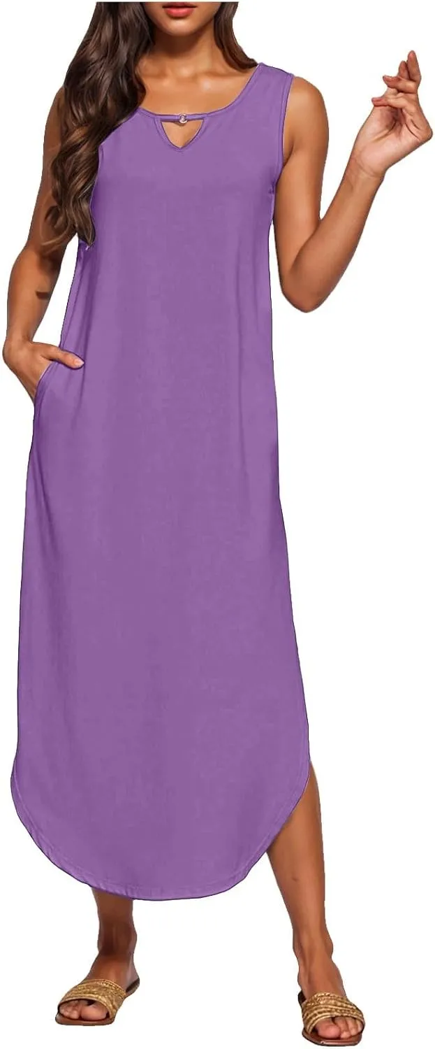 Midi Dresses for Women 2025 Boho V Neck Sleeveless Tank Sundresses Casual Loose Beach Long Maxi Dress Summer Dress