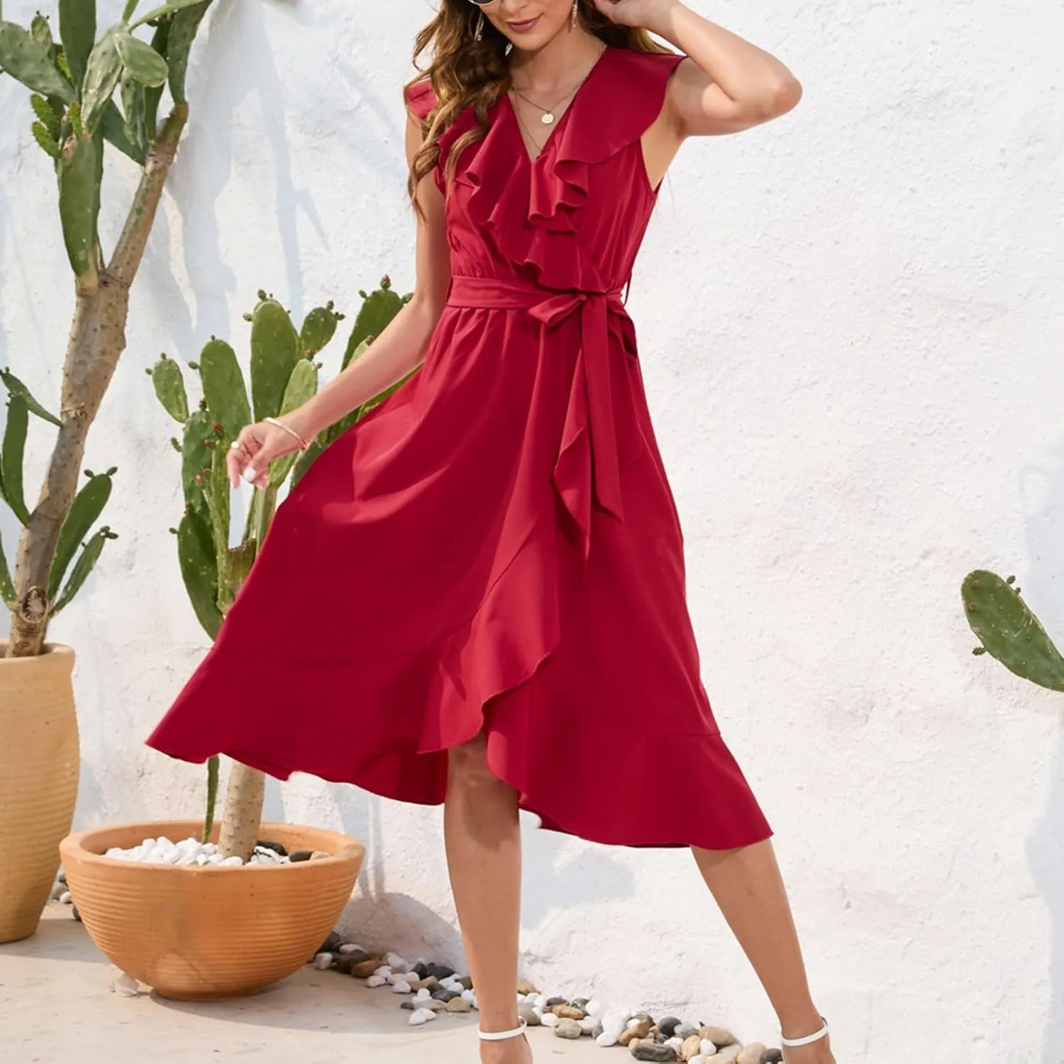 Midi Dresses for Women 2025 Sexy Flowy V Neck Sleeveless Wrap Dress Summer Casual Vacation Slit Beach Maxi Dresses