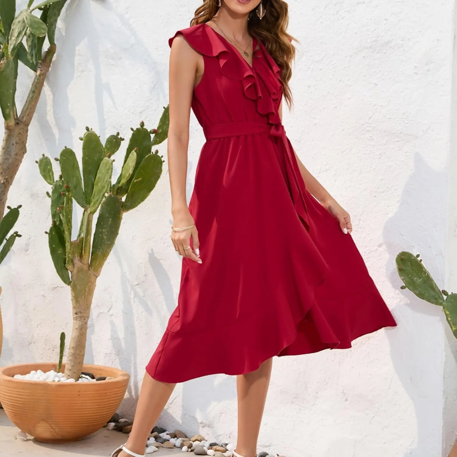 Midi Dresses for Women 2025 Sexy Flowy V Neck Sleeveless Wrap Dress Summer Casual Vacation Slit Beach Maxi Dresses