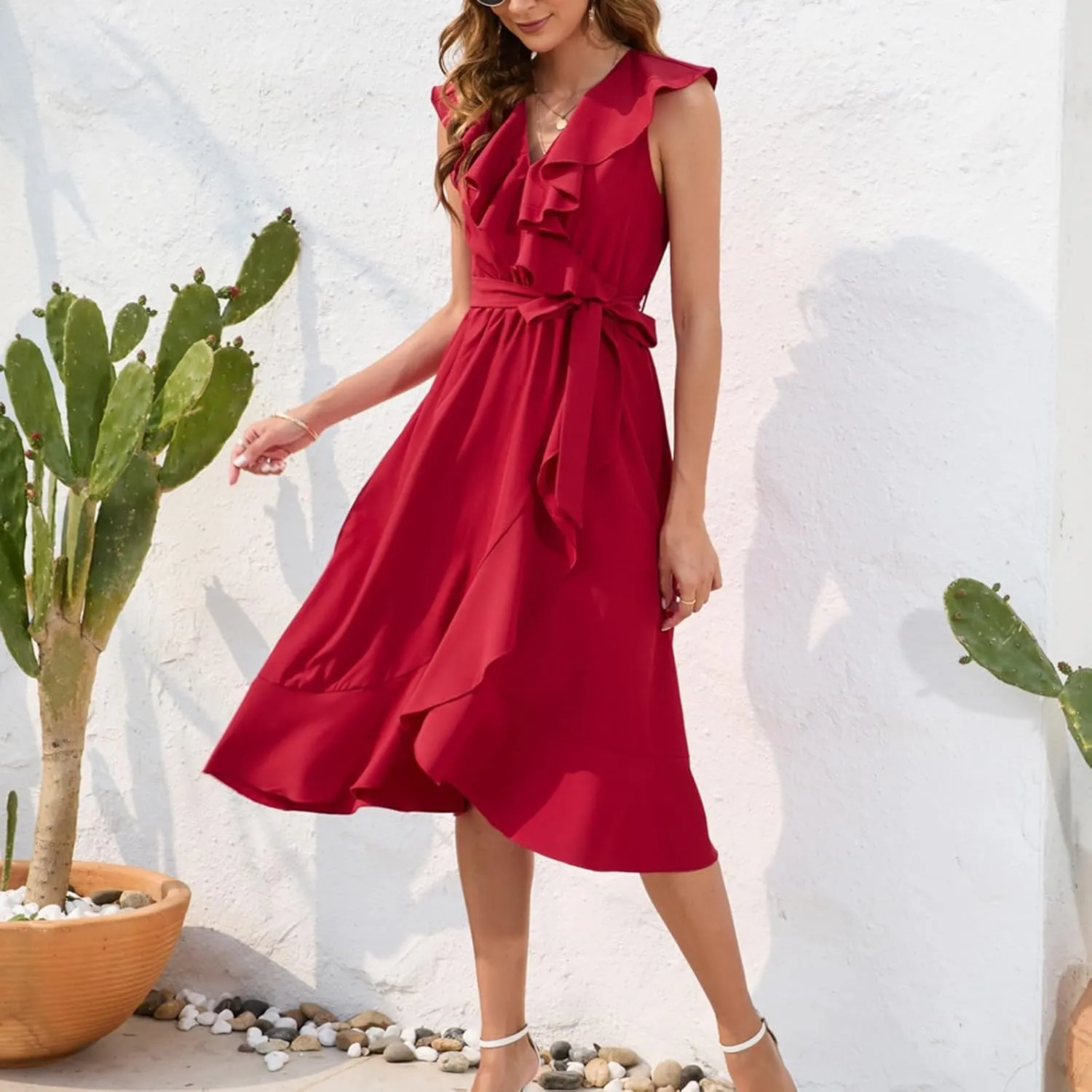 Midi Dresses for Women 2025 Sexy Flowy V Neck Sleeveless Wrap Dress Summer Casual Vacation Slit Beach Maxi Dresses