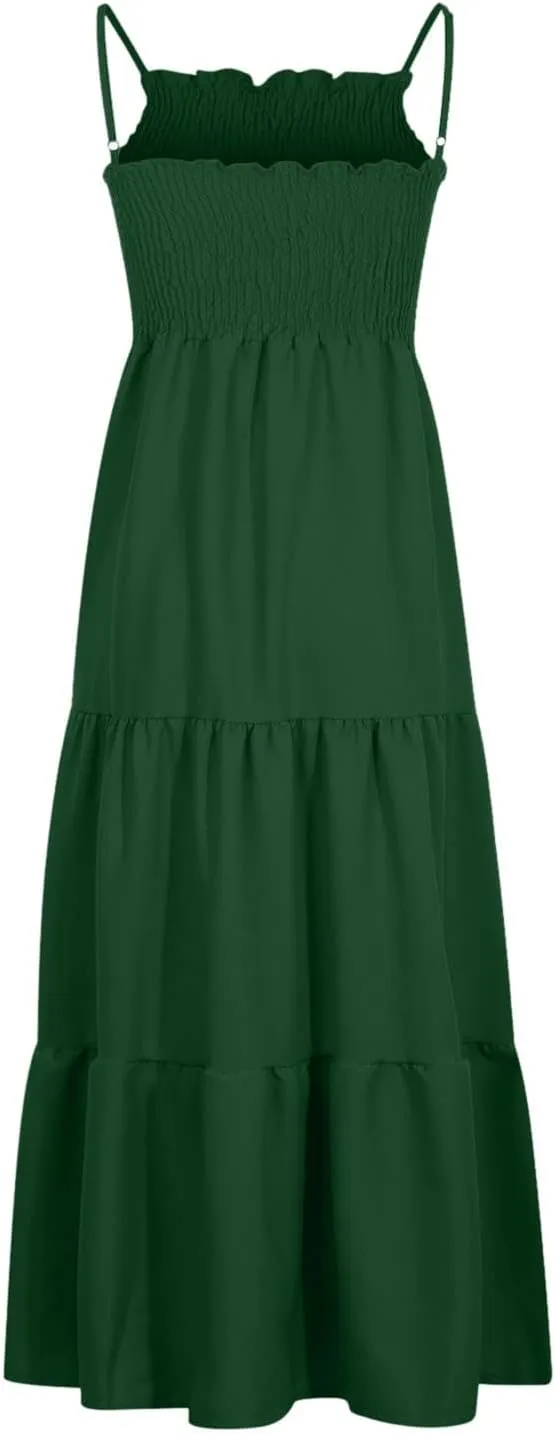 Midi Dresses for Women 2025 Summer Trendy Halter Boho Dress Casual Loose Pleated Beach Maxi Dress Long Sundresses