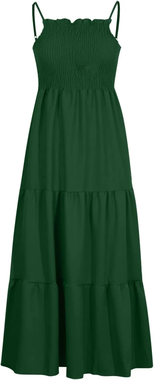 Midi Dresses for Women 2025 Summer Trendy Halter Boho Dress Casual Loose Pleated Beach Maxi Dress Long Sundresses