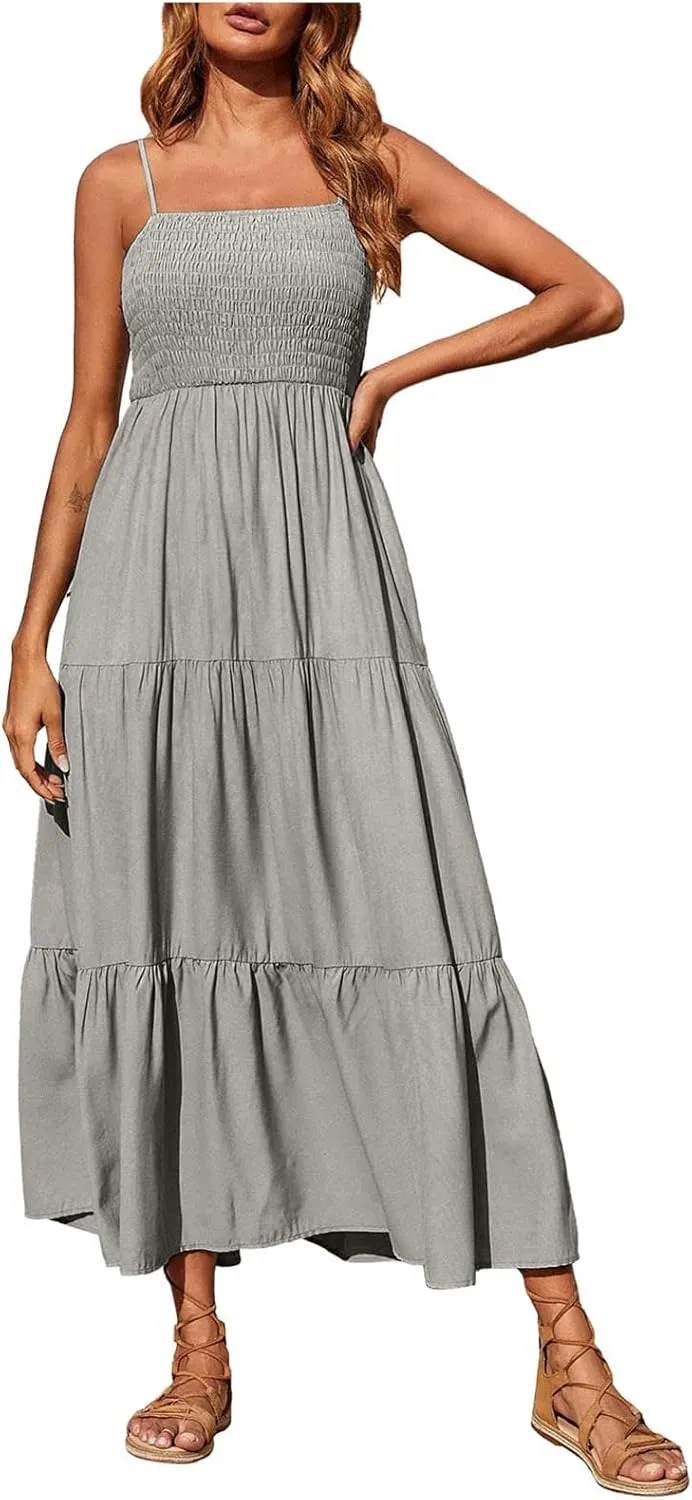 Midi Dresses for Women 2025 Summer Trendy Halter Boho Dress Casual Loose Pleated Beach Maxi Dress Long Sundresses