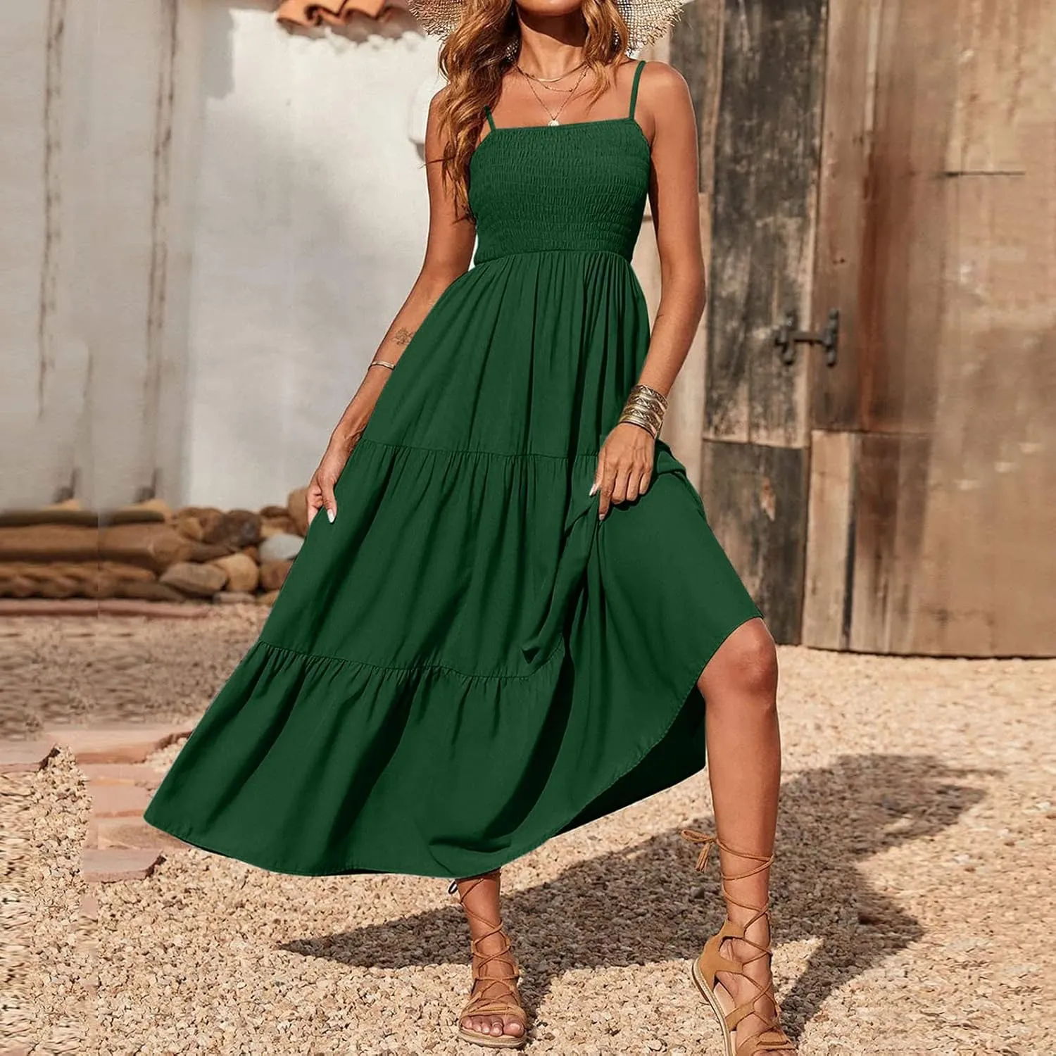 Midi Dresses for Women 2025 Summer Trendy Halter Boho Dress Casual Loose Pleated Beach Maxi Dress Long Sundresses
