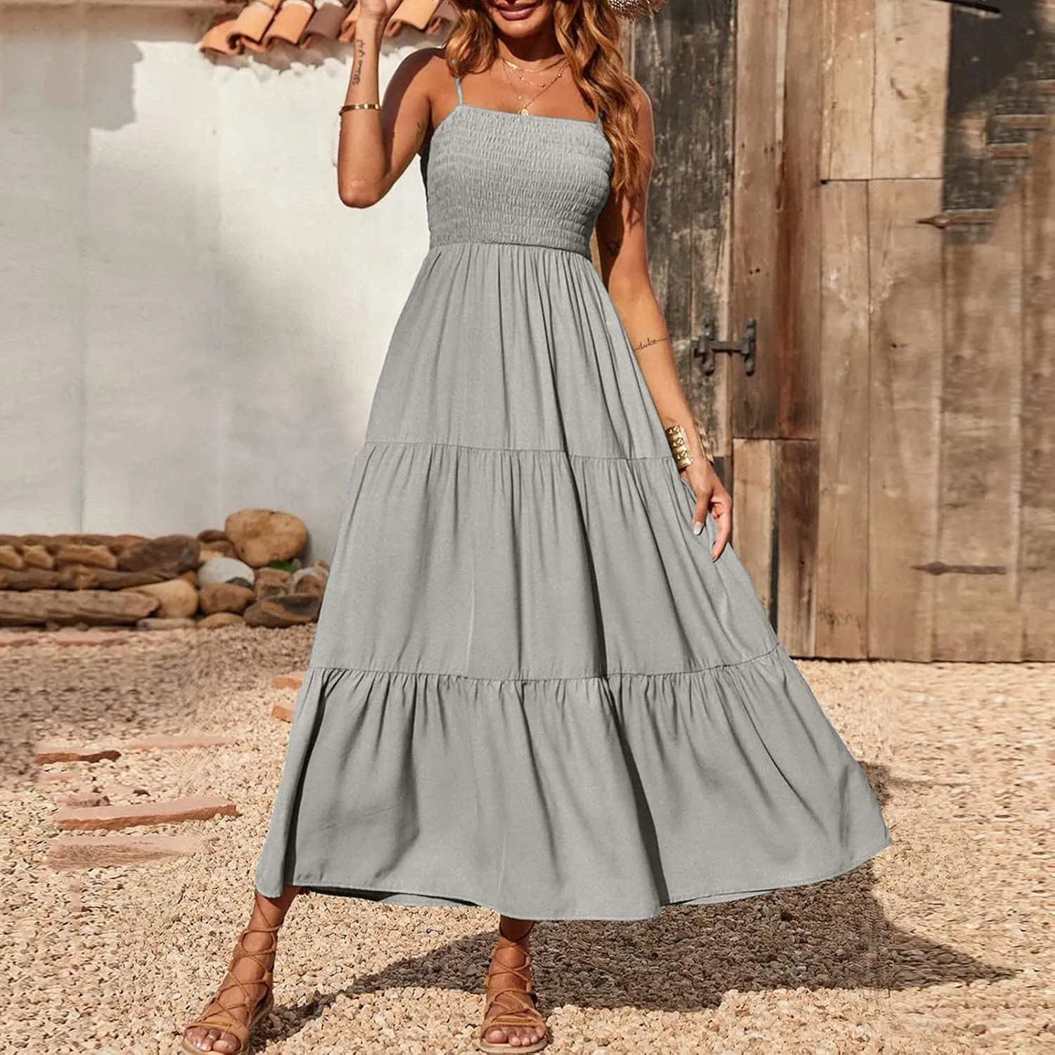 Midi Dresses for Women 2025 Summer Trendy Halter Boho Dress Casual Loose Pleated Beach Maxi Dress Long Sundresses