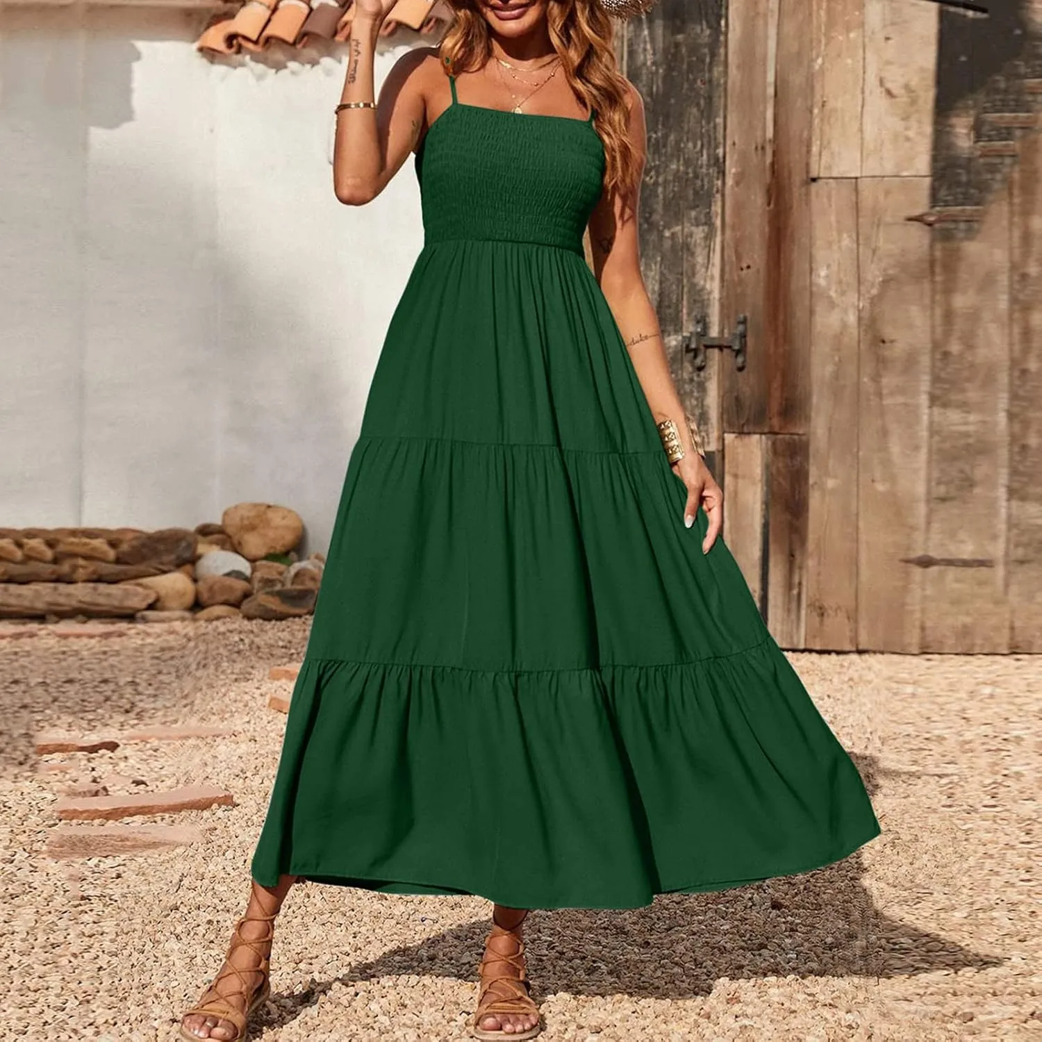 Midi Dresses for Women 2025 Summer Trendy Halter Boho Dress Casual Loose Pleated Beach Maxi Dress Long Sundresses
