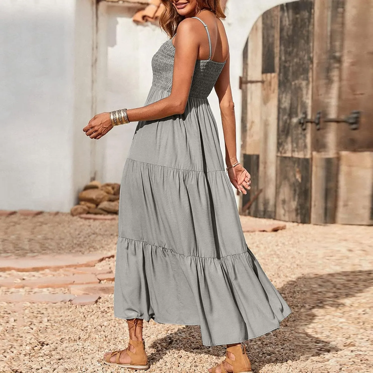 Midi Dresses for Women 2025 Summer Trendy Halter Boho Dress Casual Loose Pleated Beach Maxi Dress Long Sundresses