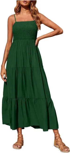 Midi Dresses for Women 2025 Summer Trendy Halter Boho Dress Casual Loose Pleated Beach Maxi Dress Long Sundresses