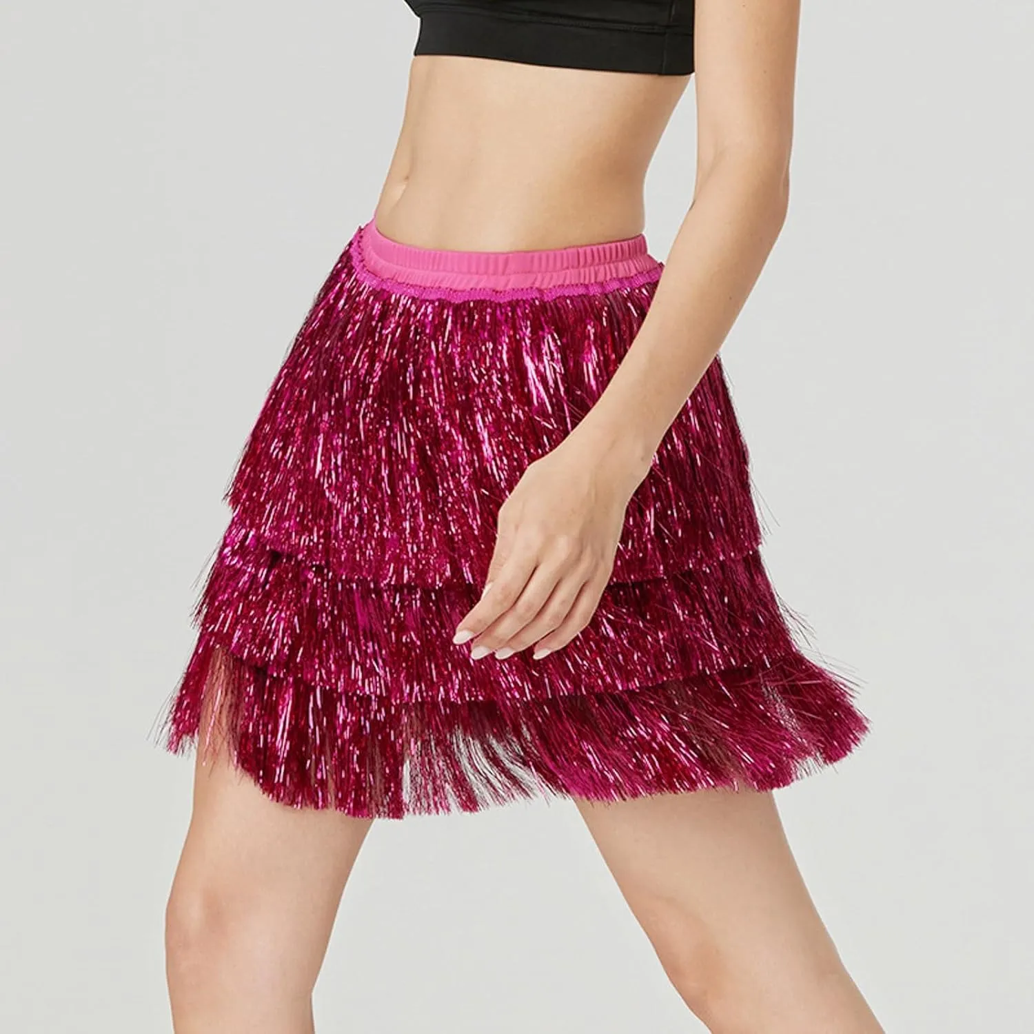 Midi Skirt Women Sequin Tassel Skirt Three Layered Dance Skirt for Dancing Party Nightclub