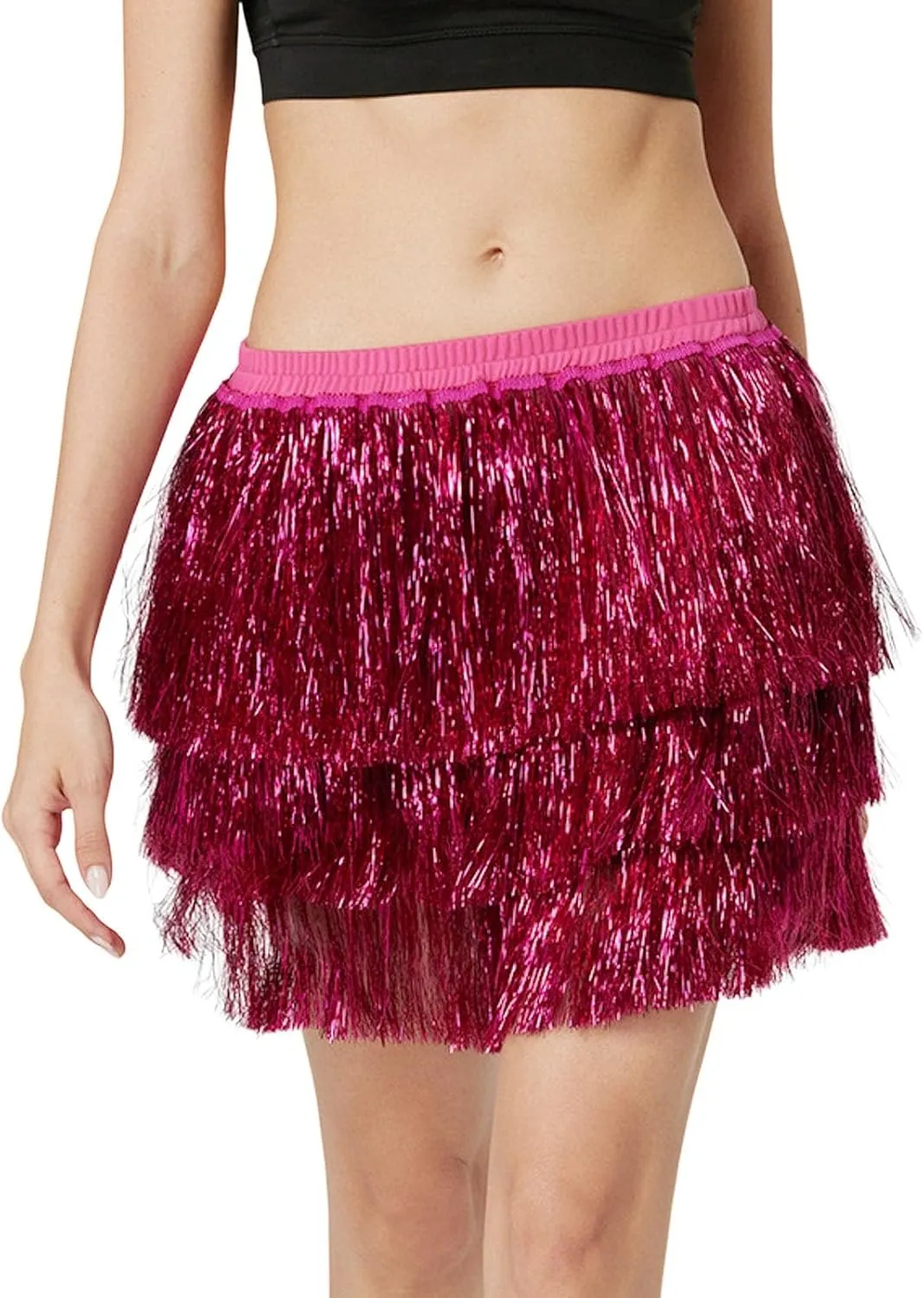 Midi Skirt Women Sequin Tassel Skirt Three Layered Dance Skirt for Dancing Party Nightclub