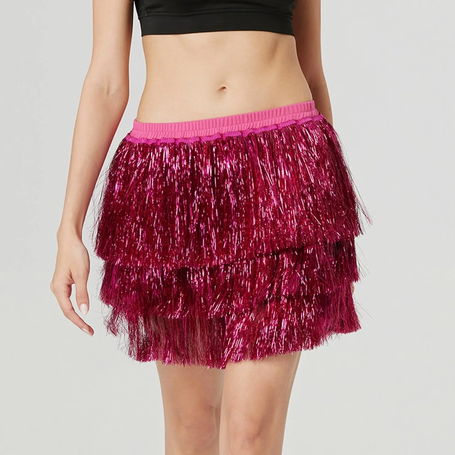 Midi Skirt Women Sequin Tassel Skirt Three Layered Dance Skirt for Dancing Party Nightclub