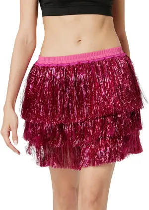Midi Skirt Women Sequin Tassel Skirt Three Layered Dance Skirt for Dancing Party Nightclub
